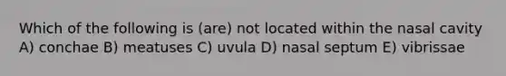 Which of the following is (are) not located within the nasal cavity A) conchae B) meatuses C) uvula D) nasal septum E) vibrissae