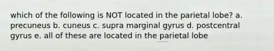which of the following is NOT located in the parietal lobe? a. precuneus b. cuneus c. supra marginal gyrus d. postcentral gyrus e. all of these are located in the parietal lobe