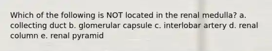 Which of the following is NOT located in the renal medulla? a. collecting duct b. glomerular capsule c. interlobar artery d. renal column e. renal pyramid