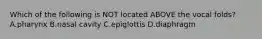 Which of the following is NOT located ABOVE the vocal folds? A.pharynx B.nasal cavity C.epiglottis D.diaphragm