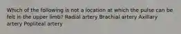 Which of the following is not a location at which the pulse can be felt in the upper limb? Radial artery Brachial artery Axillary artery Popliteal artery