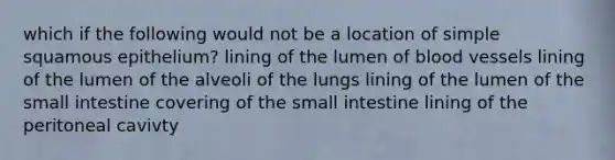 which if the following would not be a location of simple squamous epithelium? lining of the lumen of blood vessels lining of the lumen of the alveoli of the lungs lining of the lumen of the small intestine covering of the small intestine lining of the peritoneal cavivty