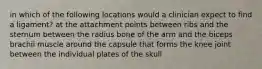 in which of the following locations would a clinician expect to find a ligament? at the attachment points between ribs and the sternum between the radius bone of the arm and the biceps brachii muscle around the capsule that forms the knee joint between the individual plates of the skull