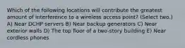 Which of the following locations will contribute the greatest amount of interference to a wireless access point? (Select two.) A) Near DCHP servers B) Near backup generators C) Near exterior walls D) The top floor of a two-story building E) Near cordless phones