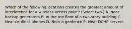 Which of the following locations creates the greatest amount of interference for a wireless access point? (Select two.) A. Near backup generators B. In the top floor of a two-story building C. Near cordless phones D. Near a geofence E. Near DCHP servers