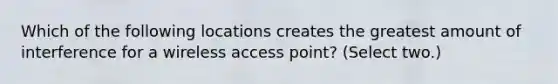 Which of the following locations creates the greatest amount of interference for a wireless access point? (Select two.)