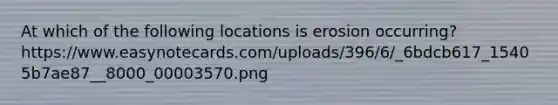 At which of the following locations is erosion occurring? https://www.easynotecards.com/uploads/396/6/_6bdcb617_15405b7ae87__8000_00003570.png