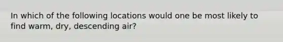 In which of the following locations would one be most likely to find warm, dry, descending air?