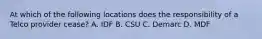 At which of the following locations does the responsibility of a Telco provider cease? A. IDF B. CSU C. Demarc D. MDF