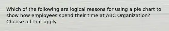 Which of the following are logical reasons for using a pie chart to show how employees spend their time at ABC Organization? Choose all that apply.