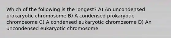 Which of the following is the longest? A) An uncondensed prokaryotic chromosome B) A condensed prokaryotic chromosome C) A condensed eukaryotic chromosome D) An uncondensed eukaryotic chromosome