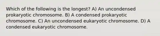 Which of the following is the longest? A) An uncondensed prokaryotic chromosome. B) A condensed prokaryotic chromosome. C) An uncondensed eukaryotic chromosome. D) A condensed eukaryotic chromosome.