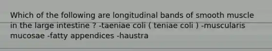 Which of the following are longitudinal bands of smooth muscle in the large intestine ? -taeniae coli ( teniae coli ) -muscularis mucosae -fatty appendices -haustra