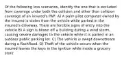 Of the following loss scenarios, identify the one that is excluded from coverage under both the collision and other than collision coverage of an insured's PAP: A) A palm pilot computer owned by the insured is stolen from the vehicle while parked in the insured's driveway. There are forcible signs of entry into the vehicle B) A sign is blown off a building during a wind storm, causing severe damages to the vehicle while it is parked in an outdoor public parking lot. C) The vehicle is swept downstream during a flashflood. D) Theft of the vehicle occurs when the insured leaves the keys in the ignition while inside a grocery store