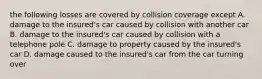 the following losses are covered by collision coverage except A. damage to the insured's car caused by collision with another car B. damage to the insured's car caused by collision with a telephone pole C. damage to property caused by the insured's car D. damage caused to the insured's car from the car turning over