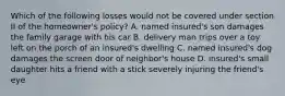 Which of the following losses would not be covered under section II of the homeowner's policy? A. named insured's son damages the family garage with his car B. delivery man trips over a toy left on the porch of an insured's dwelling C. named insured's dog damages the screen door of neighbor's house D. insured's small daughter hits a friend with a stick severely injuring the friend's eye