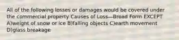 All of the following losses or damages would be covered under the commercial property Causes of Loss—Broad Form EXCEPT A)weight of snow or ice B)falling objects C)earth movement D)glass breakage