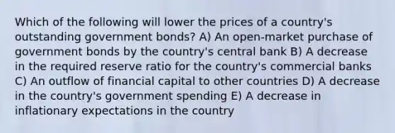 Which of the following will lower the prices of a country's outstanding government bonds? A) An open-market purchase of government bonds by the country's central bank B) A decrease in the required reserve ratio for the country's commercial banks C) An outflow of financial capital to other countries D) A decrease in the country's government spending E) A decrease in inflationary expectations in the country