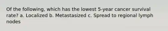 Of the following, which has the lowest 5-year cancer survival rate? a. Localized b. Metastasized c. Spread to regional lymph nodes