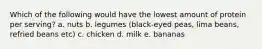 Which of the following would have the lowest amount of protein per serving? a. nuts b. legumes (black-eyed peas, lima beans, refried beans etc) c. chicken d. milk e. bananas