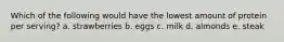 Which of the following would have the lowest amount of protein per serving? a. strawberries b. eggs c. milk d. almonds e. steak