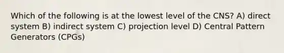 Which of the following is at the lowest level of the CNS? A) direct system B) indirect system C) projection level D) Central Pattern Generators (CPGs)