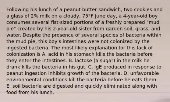 Following his lunch of a peanut butter sandwich, two cookies and a glass of 2% milk on a cloudy, 75°F June day, a 4-year-old boy consumes several fist-sized portions of a freshly prepared "mud pie" created by his 2-year-old sister from garden soil, grass, and water. Despite the presence of several species of bacteria within the mud pie, this boy's intestines were not colonized by the ingested bacteria. The most likely explanation for this lack of colonization is A. acid in his stomach kills the bacteria before they enter the intestines. B. lactose (a sugar) in the milk he drank kills the bacteria in his gut. C. lgE produced in response to peanut ingestion inhibits growth of the bacteria. D. unfavorable environmental conditions kill the bacteria before he eats them. E. soil bacteria are digested and quickly elimi nated along with food from his lunch.