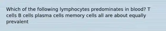 Which of the following lymphocytes predominates in blood? T cells B cells plasma cells memory cells all are about equally prevalent