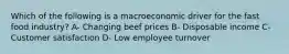 Which of the following is a macroeconomic driver for the fast food industry? A- Changing beef prices B- Disposable income C- Customer satisfaction D- Low employee turnover