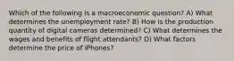 Which of the following is a macroeconomic question? A) What determines the unemployment rate? B) How is the production quantity of digital cameras determined? C) What determines the wages and benefits of flight attendants? D) What factors determine the price of iPhones?