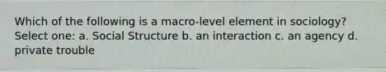 Which of the following is a macro-level element in sociology? Select one: a. Social Structure b. an interaction c. an agency d. private trouble