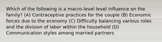 Which of the following is a macro-level level influence on the family? (A) Contraceptive practices for the couple (B) Economic forces due to the economy (C) Difficulty balancing various roles and the division of labor within the household (D) Communication styles among married partners