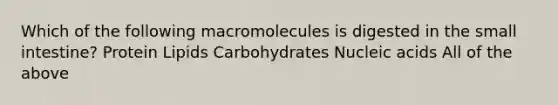 Which of the following macromolecules is digested in the small intestine? Protein Lipids Carbohydrates Nucleic acids All of the above