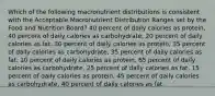 Which of the following macronutrient distributions is consistent with the Acceptable Macronutrient Distribution Ranges set by the Food and Nutrition Board? 40 percent of daily calories as protein, 40 percent of daily calories as carbohydrate, 20 percent of daily calories as fat. 30 percent of daily calories as protein, 35 percent of daily calories as carbohydrate, 35 percent of daily calories as fat. 10 percent of daily calories as protein, 65 percent of daily calories as carbohydrate, 25 percent of daily calories as fat. 15 percent of daily calories as protein, 45 percent of daily calories as carbohydrate, 40 percent of daily calories as fat.