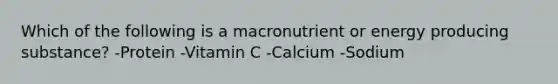 Which of the following is a macronutrient or energy producing substance? -Protein -Vitamin C -Calcium -Sodium