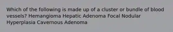 Which of the following is made up of a cluster or bundle of blood vessels? Hemangioma Hepatic Adenoma Focal Nodular Hyperplasia Cavernous Adenoma