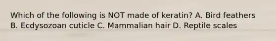 Which of the following is NOT made of keratin? A. Bird feathers B. Ecdysozoan cuticle C. Mammalian hair D. Reptile scales
