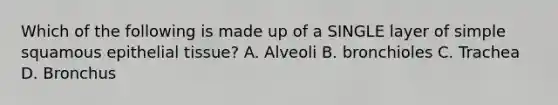 Which of the following is made up of a SINGLE layer of simple squamous epithelial tissue? A. Alveoli B. bronchioles C. Trachea D. Bronchus