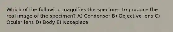 Which of the following magnifies the specimen to produce the real image of the specimen? A) Condenser B) Objective lens C) Ocular lens D) Body E) Nosepiece