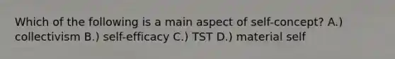 Which of the following is a main aspect of self-concept? A.) collectivism B.) self-efficacy C.) TST D.) material self