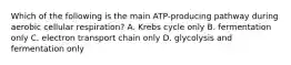 Which of the following is the main ATP-producing pathway during aerobic cellular respiration? A. Krebs cycle only B. fermentation only C. electron transport chain only D. glycolysis and fermentation only