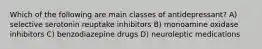 Which of the following are main classes of antidepressant? A) selective serotonin reuptake inhibitors B) monoamine oxidase inhibitors C) benzodiazepine drugs D) neuroleptic medications