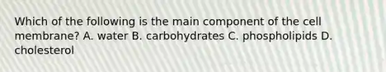 Which of the following is the main component of the cell membrane? A. water B. carbohydrates C. phospholipids D. cholesterol