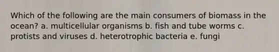 Which of the following are the main consumers of biomass in the ocean? a. multicellular organisms b. fish and tube worms c. protists and viruses d. heterotrophic bacteria e. fungi