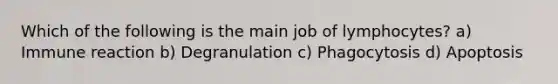 Which of the following is the main job of lymphocytes? a) Immune reaction b) Degranulation c) Phagocytosis d) Apoptosis