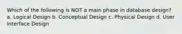 Which of the following is NOT a main phase in database design? a. Logical Design b. Conceptual Design c. Physical Design d. User Interface Design