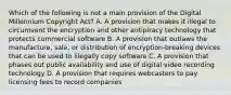 Which of the following is not a main provision of the Digital Millennium Copyright Act? A. A provision that makes it illegal to circumvent the encryption and other antipiracy technology that protects commercial software B. A provision that outlaws the manufacture, sale, or distribution of encryption-breaking devices that can be used to illegally copy software C. A provision that phases out public availability and use of digital video recording technology D. A provision that requires webcasters to pay licensing fees to record companies