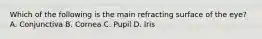 Which of the following is the main refracting surface of the eye? A. Conjunctiva B. Cornea C. Pupil D. Iris