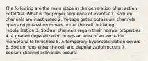 The following are the main steps in the generation of an action potential. What is the proper sequence of events? 1. Sodium channels are inactivated 2. Voltage gated potassium channels open and potassium moves out of the cell, initiating repolarization 3. Sodium channels regain their normal properties 4. A graded depolarization brings an area of an excitable membrane to threshold 5. A temporary hyperpolarization occurs 6. Sodium ions enter the cell and depolarization occurs 7. Sodium channel activation occurs