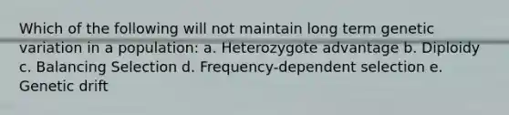 Which of the following will not maintain long term genetic variation in a population: a. Heterozygote advantage b. Diploidy c. Balancing Selection d. Frequency-dependent selection e. Genetic drift